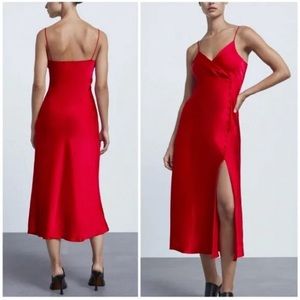 ZARA - Red Satin Laundry Style MIDI Dress - Size SMALL